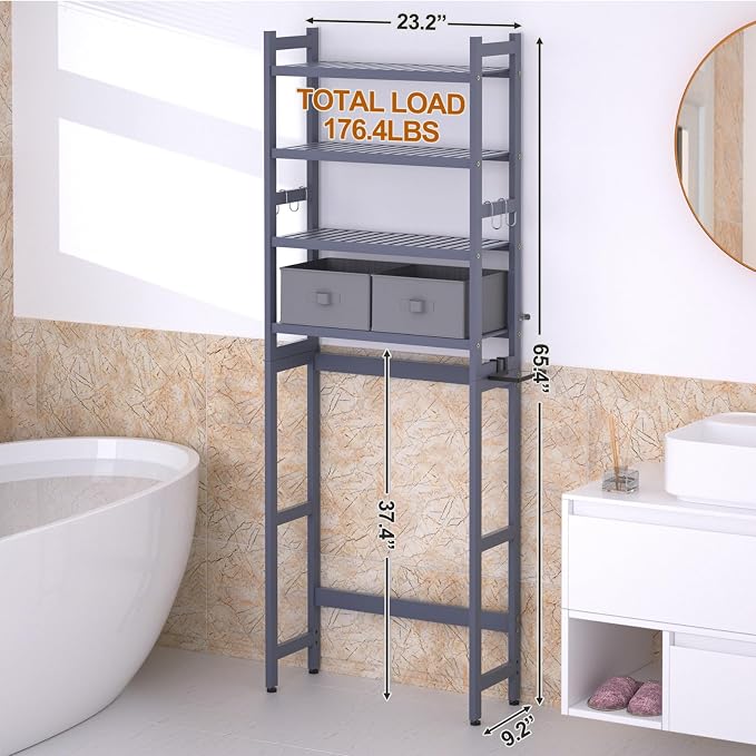 Over The Toilet Storage with 2 Baskets, 4-Tier Bamboo Organizer Rack with Paper - Image 6