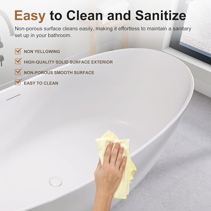 SJ STAR&JANE 73" Solid Surface Freestanding Bathtub Stone Resin Tub Oval Double - Image 7