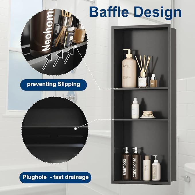 Neodrain 12X30 in Shower Niche, Gun Metal 3-Tier Wall Niche Stainless Steel - Image 5