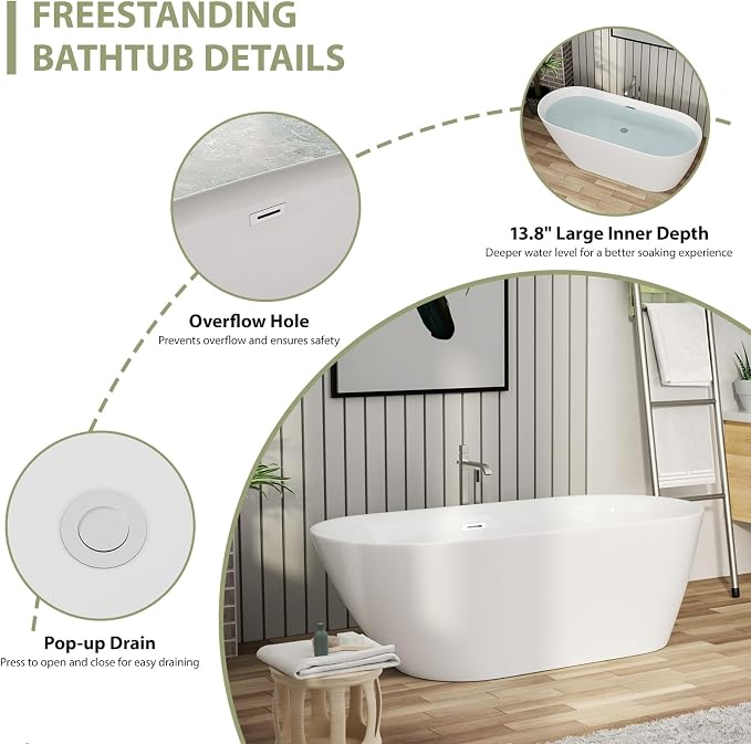 Mocoloo 67" Acrylic Freestanding Bathtub Contemporary Soaking White Bath Tub - Image 6