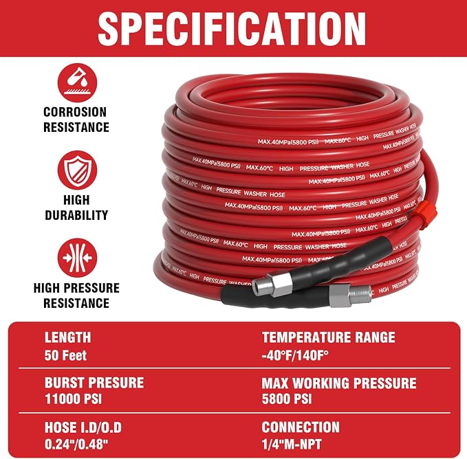 Sewer Jetter Kit 50FT for Pressure Washer, 5800 PSI Drain Cleaner Hose 1/4 Inch - Image 7