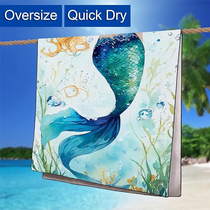 Blue-Green Scallop Mermaid Tail Beach Towel 36"x72" Golden Highlights Quick Dry - Image 6