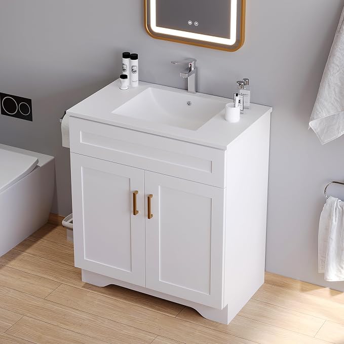 Bathroom 30" Vanity with Ceramic Sink, Wooden Double Door Bathroom Storage - Image 4