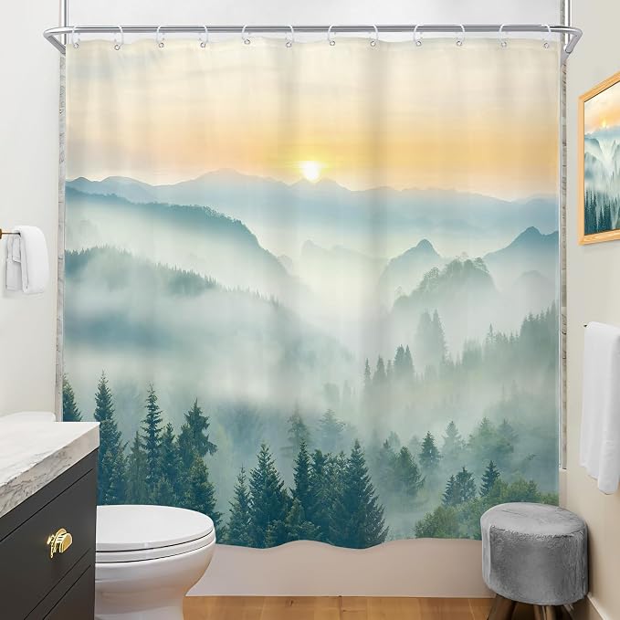 Riyidecor Extra Long Mountain Shower Curtain 72Wx78H Inch Green Yellow Sunset - Image 4