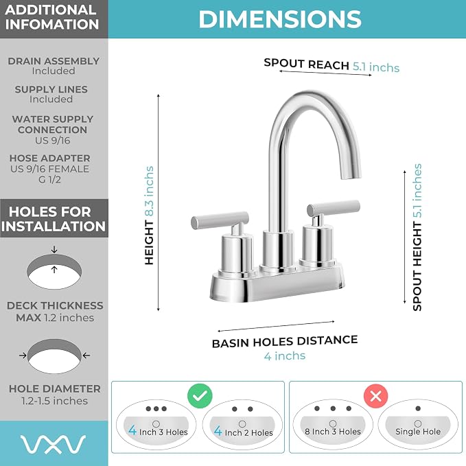 VXV Bathroom Faucet 4 Inch 2 Handle Centerset Sink Faucet 360 Swivel Spout - Image 4