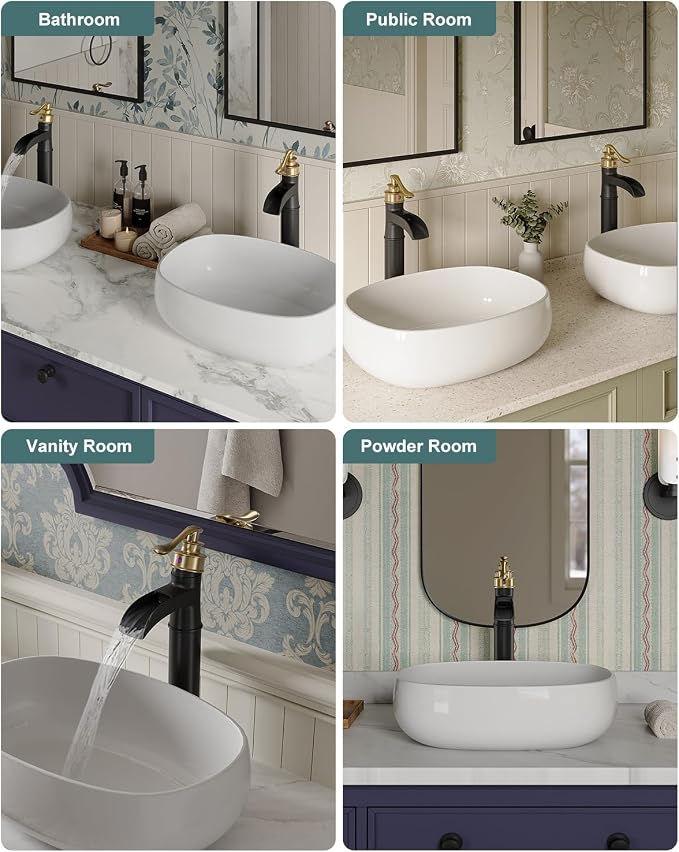 BWE Waterfall Vessel Sink Faucet Black and Gold Bathroom Faucet 1 Hole Single - Image 8