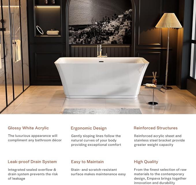 Empava 59" Freestanding Bathtub, Acrylic Deep Soaking Tub, Modern Stand Alone - Image 3