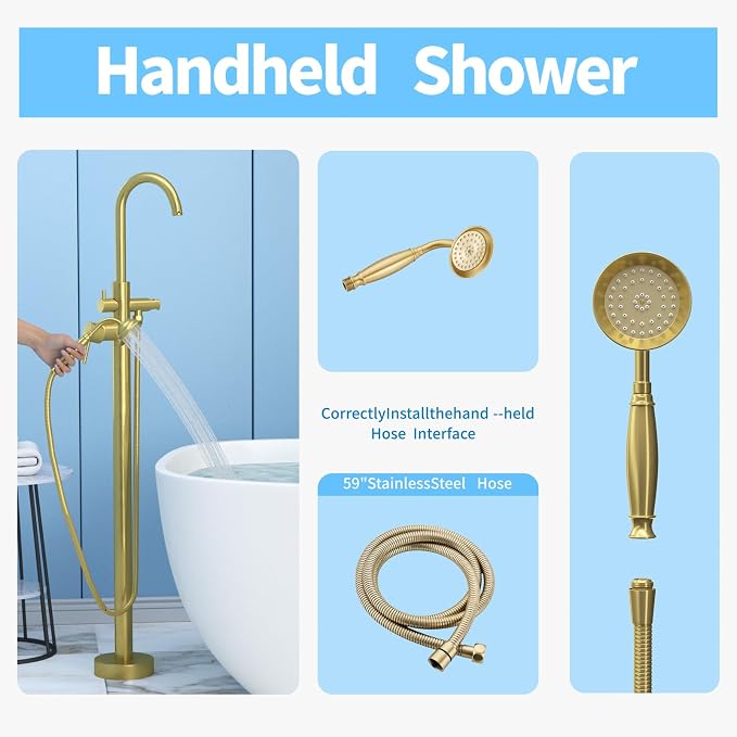 Freestanding Tub Filler Brushed Gold Floor Mount Bathtub Faucet Bathroom - Image 5