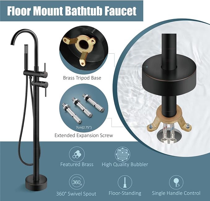 Aolemi Floor Mount Bathtub Faucet Freestanding Tub Filler Standing High Flow - Image 6