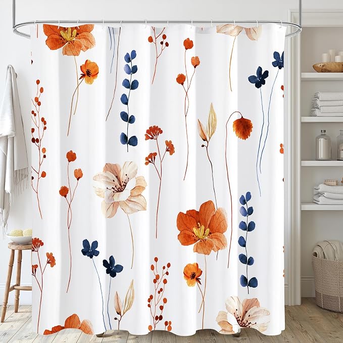 Gibelle Watercolor Floral Shower Curtain, Retro Orange Navy Flower Shower by Gibelle