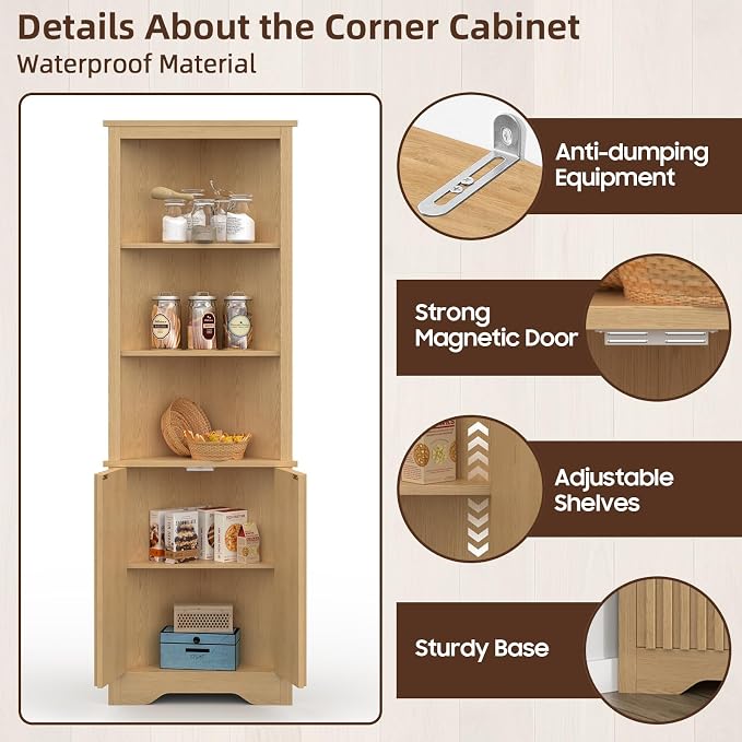 67" Tall Corner Cabinet with Doors, 5-Tier Fluted Corner Storage Cabinet with - Image 5
