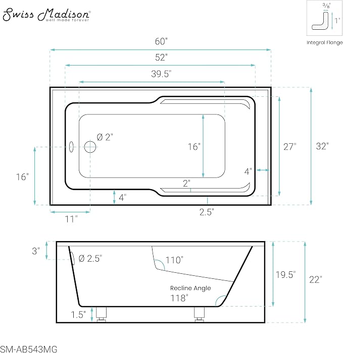 Voltaire 60" x 32" Left-Hand Drain Alcove Bathtub - Image 6