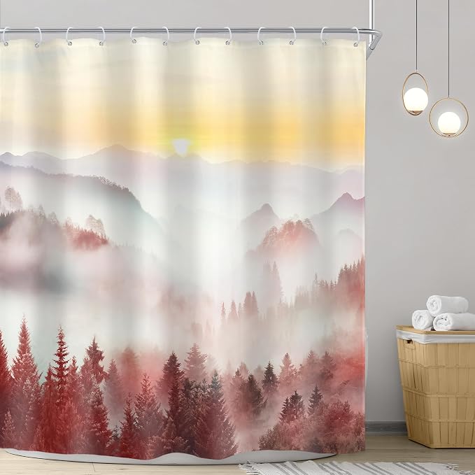 Riyidecor Misty Mountain Shower Curtain 72Wx72H Inch Red Sunrise Nature Scenery - Image 2