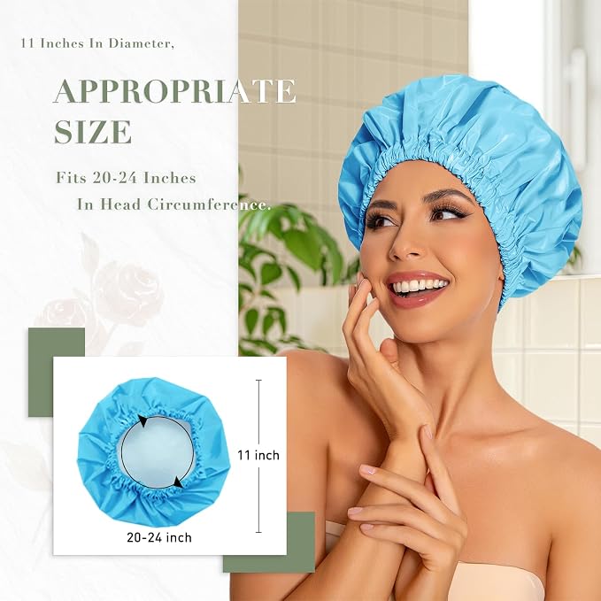 Reusable Shower Cap for Women, Large Waterproof Shower Bonnet Washable Elastic - Image 3