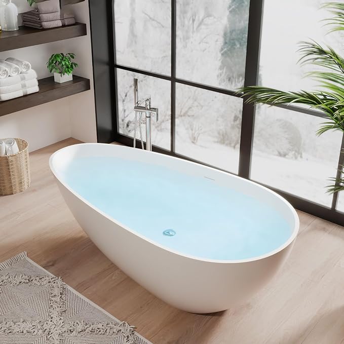 67 in Solid Surface Freestanding Bathtub, Contemporary Oval Shape Soaking Tub by GarveeTech