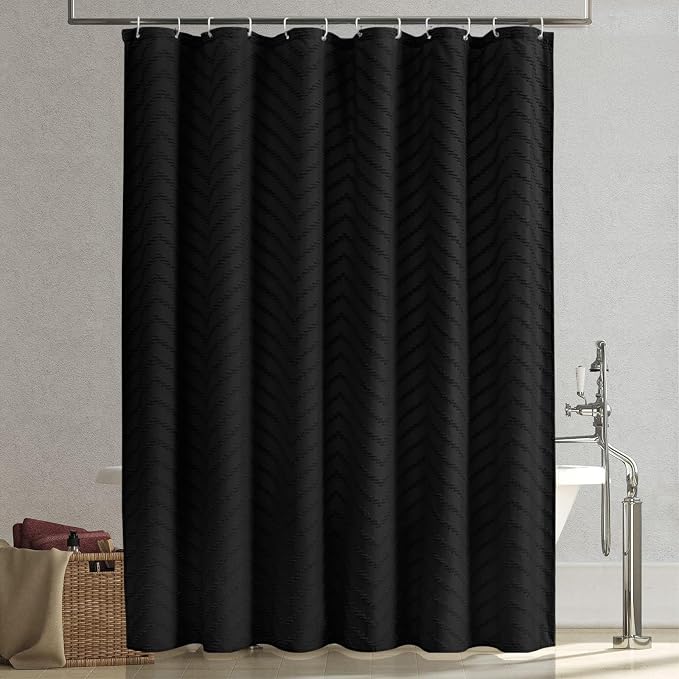 Extra Long Black Boho Shower Curtain 84 Inch Black Tufted Chevron Striped - Image 7