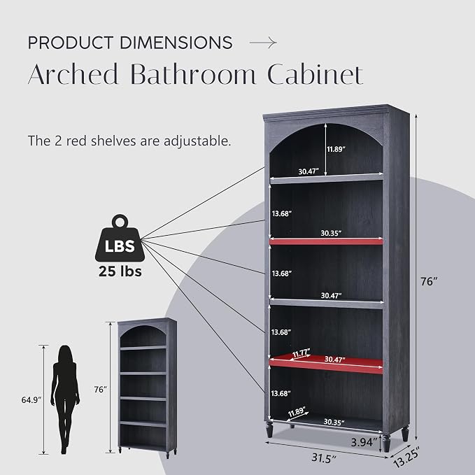76" Tall Arched Bathroom Storage Cabinet, 5 Tiers Large Farmhouse Arched - Image 2
