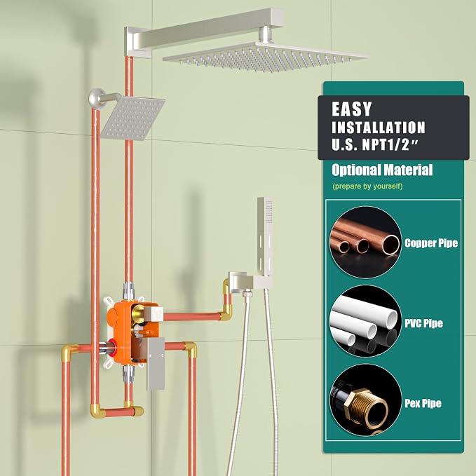 ENGA Shower Faucet Set, Dual Head Shower System 10" & 6" Square Rain Shower - Image 7