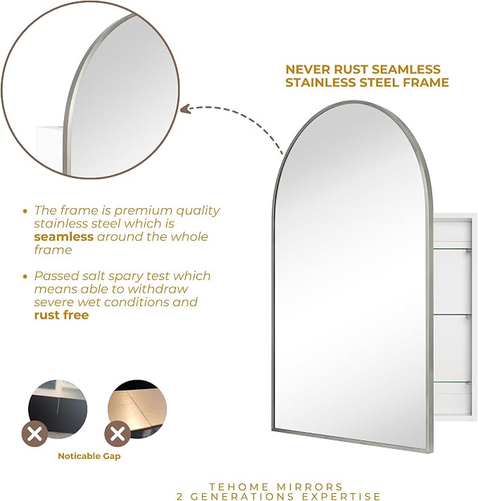 TEHOME 24 x 36'' Brushed Nickel Arch Bathroom Medicine Cabinet - Image 8