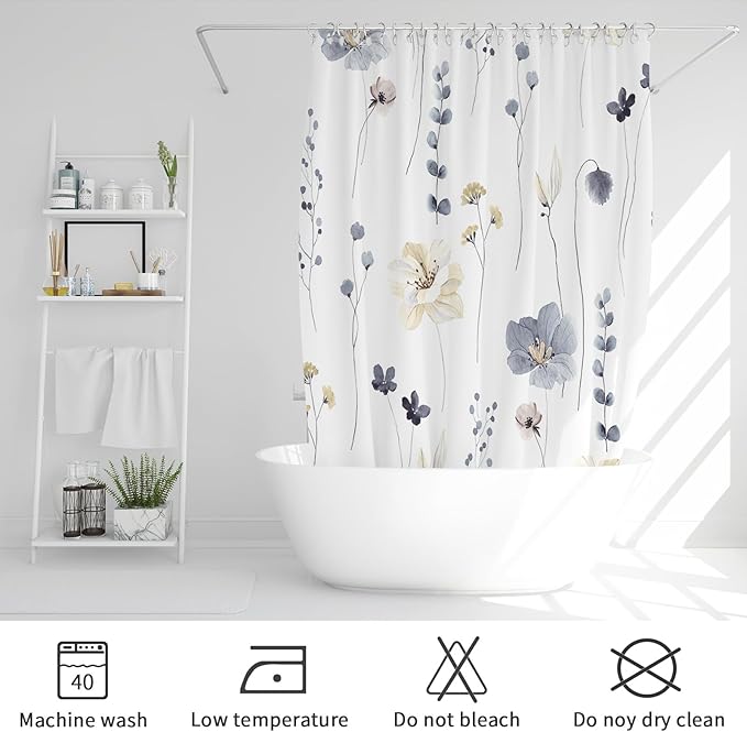 Gibelle Watercolor Floral Shower Curtain, Modern Minimalist White Waterproof - Image 2