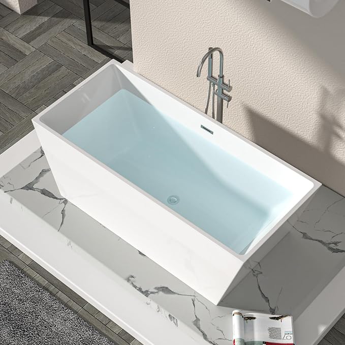 Logmey 67 Inch Bathtub White Acrylic Freestanding Rectangle Deep Soaking Tub - Image 9