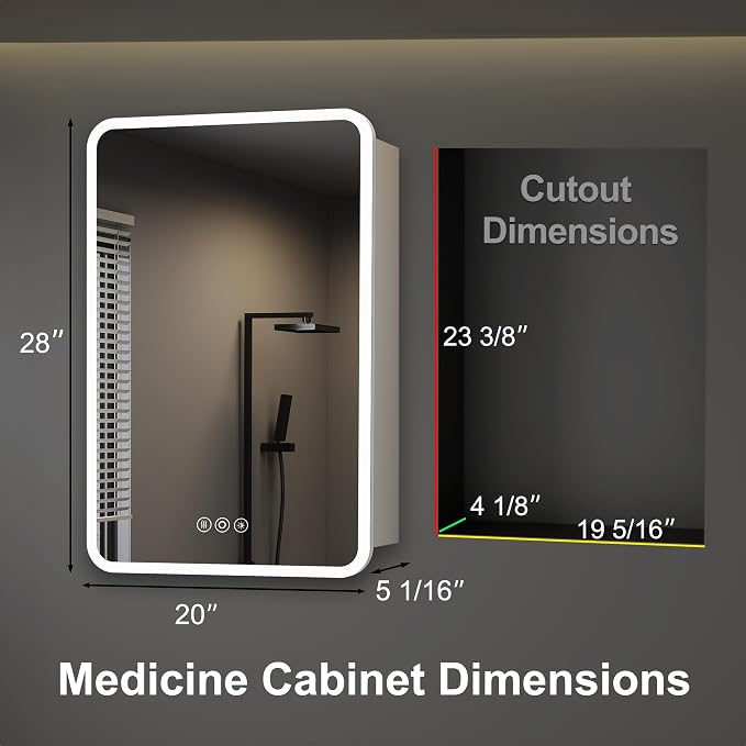 Medicine Cabinet with LED Lights and Mirror, 20 x 28 Inch Surface or Recessed - Image 2