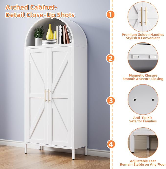 Kitchen Pantry Cabinet, 67in Tall Arched Storage Cabinet - Image 3