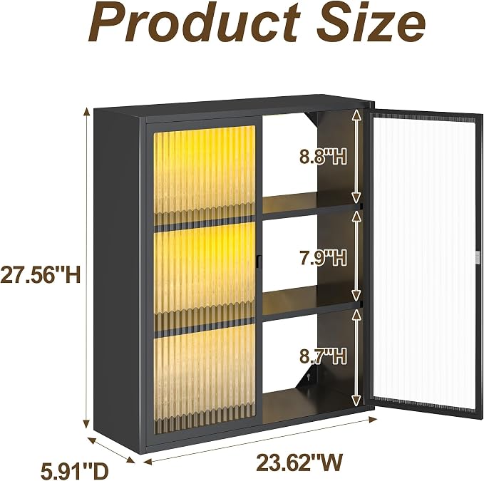 Bathroom Wall Cabinet with Glass Doors, Metal Medicine Cabinet with LED Light - Image 3
