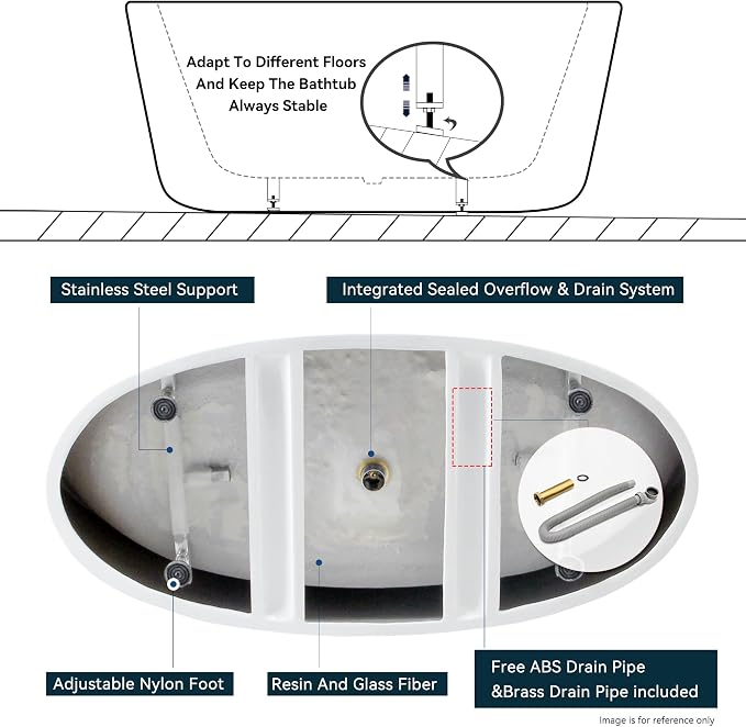 FerdY Tahiti 59" Acrylic Freestanding Bathtub, Elegant Oval Shape Bathtub - Image 6
