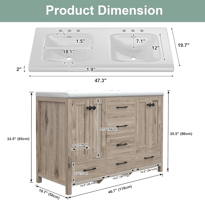 48 Inch Bathroom Vanity with Sink, Bathroom Vanity Cabinet with Doulble Sink - Image 2