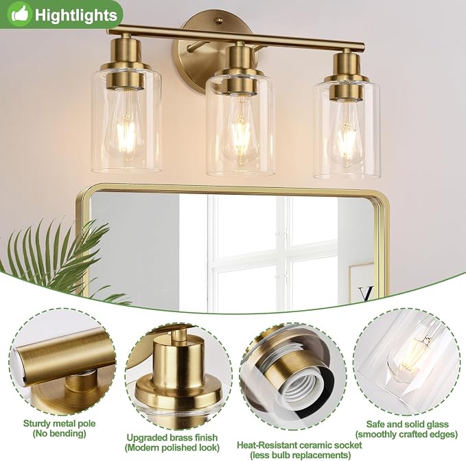 3-Light Bathroom Light Fixtures, Brushed Brass Bathroom Wall Lights - Image 3