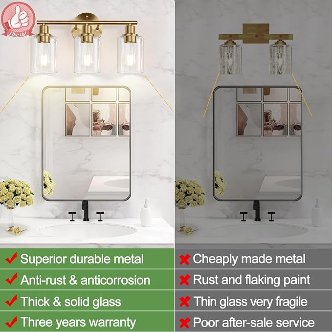 3-Light Bathroom Light Fixtures, Brushed Brass Bathroom Wall Lights - Image 2