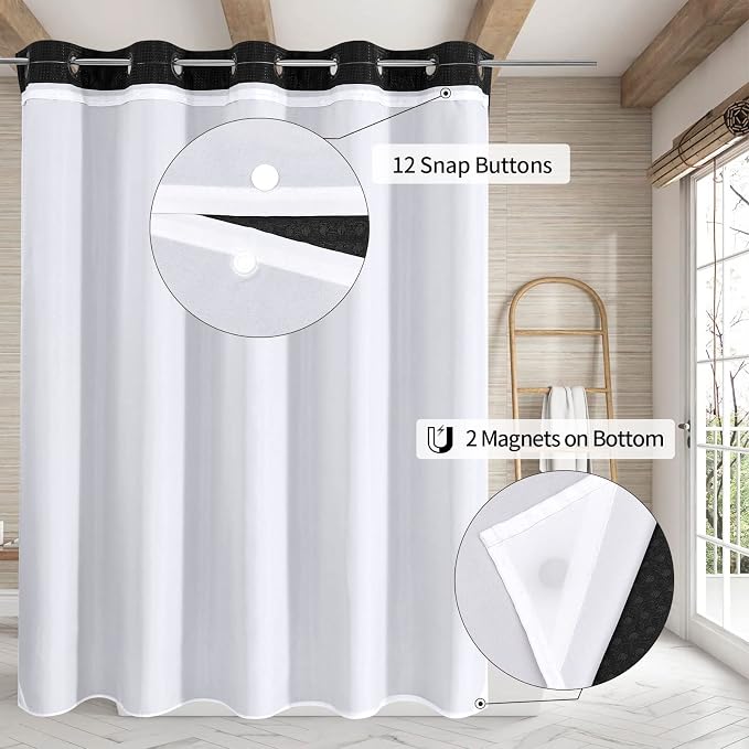 MitoVilla No Hooks Needed Extra Long Shower Curtain Liner Set, 86 inch XL Black - Image 2