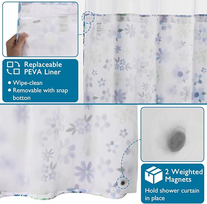 Lagute SnapHook Hook Free Fabric Floral Shower Curtain - Image 4