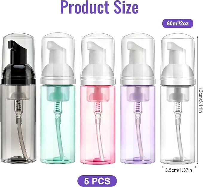 5 Pack 2 oz Travel Foam Pump Bottle, 60 ml Foam Dispenser, Hair Mousse - Image 2