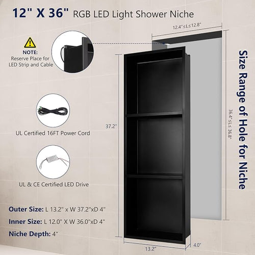 12" X 36" RGB LED Shower Niche No Tile Needed, 304 Stainless Steel Shower Niche - Image 2