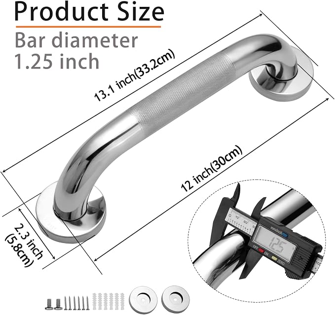Shower Grab Bar, 2 Pack 12 Inch Bathroom Grab Bar, 304 Stainless Steel 1.25" - Image 2