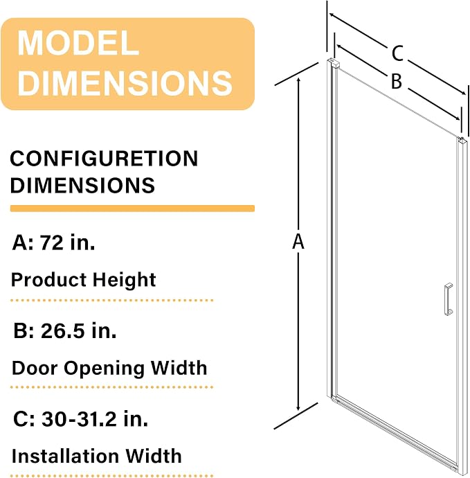 30” x 72” Pivot Swing Shower Door, 1/4 inch Tempered Glass Panel Hinged Shower - Image 8