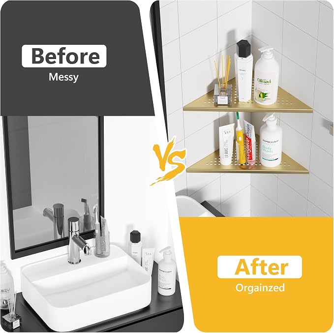 Neodrain 12 Inch Golden Corner Wall Shelf Set of 2, Floating Corner Shelves - Image 4