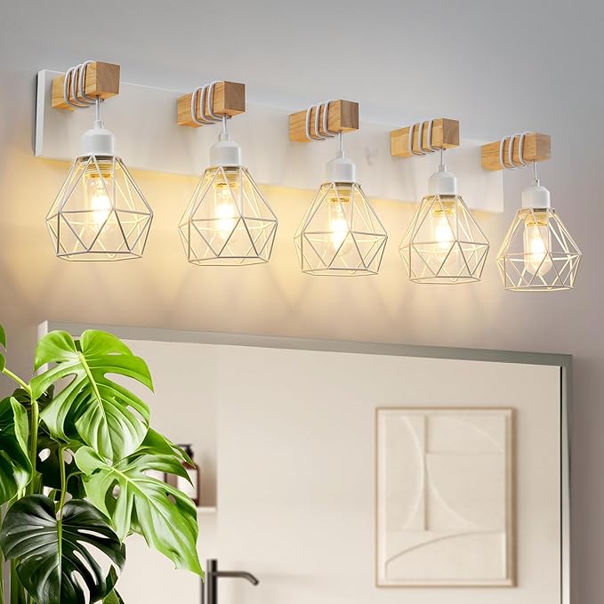 Farmhouse Vanity Light for Bathroom, 5-Light White Wood Bathroom Vanity Light - Image 8