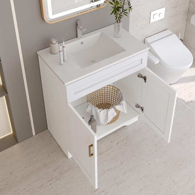Bathroom 30" Vanity with Ceramic Sink, Wooden Double Door Bathroom Storage - Image 7
