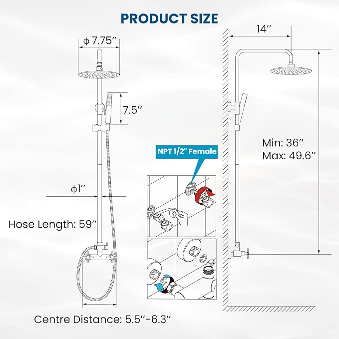 gotonovo Outdoor Shower Fixtures SUS304 Stainless Steel Rain Shower Kit Faucet - Image 8