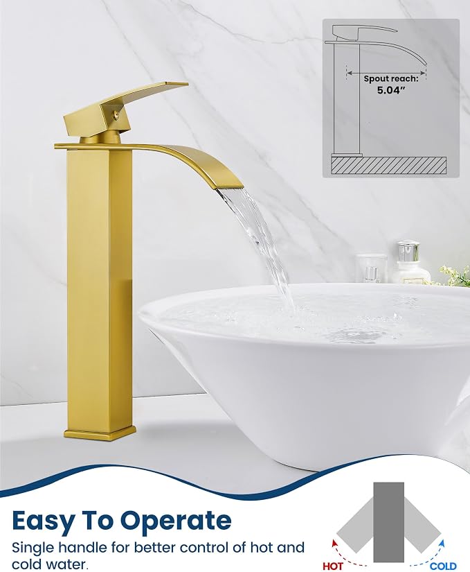 Airuida Brushed Gold Tall Waterfall Bathroom Vessel Sink Faucet Modern Bathroom - Image 6