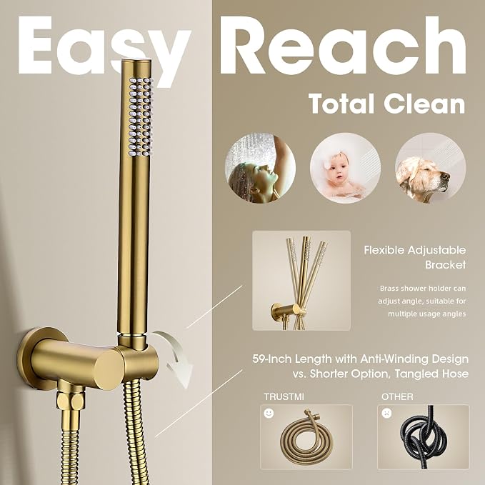 TRUSTMI 12-Inch Brushed Gold Shower System, Brass Wall Mounted Rainfall Shower - Image 3