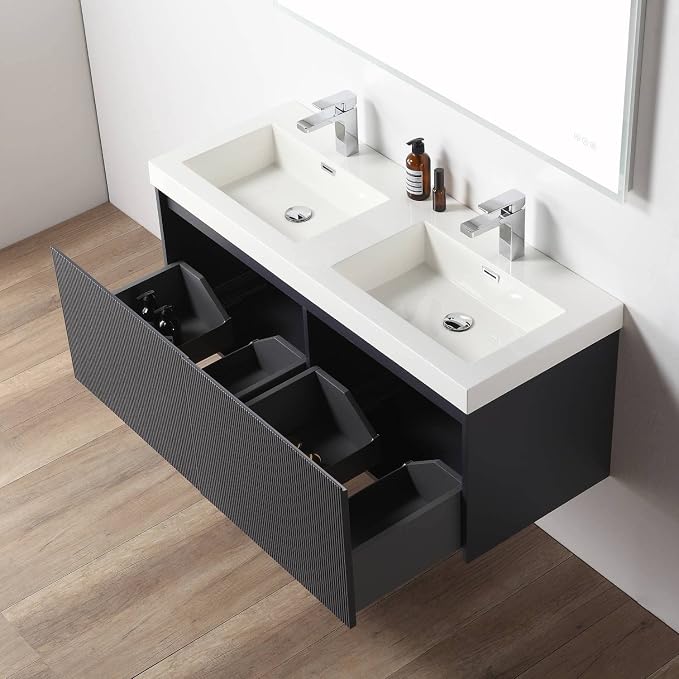 Blossom 48 Inch Double Sink Bathroom Vanity, All Wood Wall Mounted Floating - Image 6