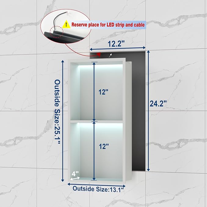 2-Tiers 12x24 Wall Niche with RGB LED Light Strips, Stainless Steel Bathroom - Image 2