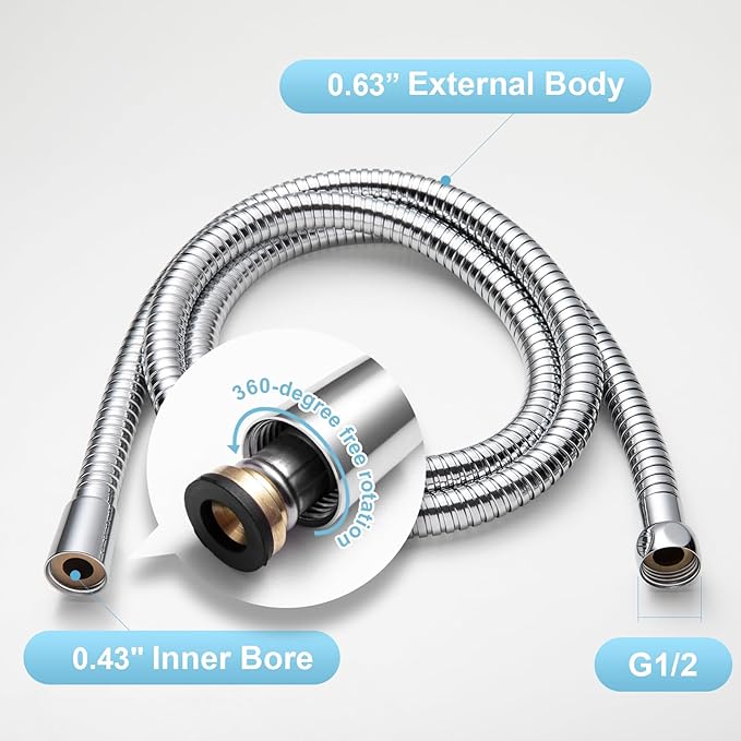 OFFO Shower Hose High Flow 0.43” Large Bore, 120 in Kink Free Stainless Steel - Image 6