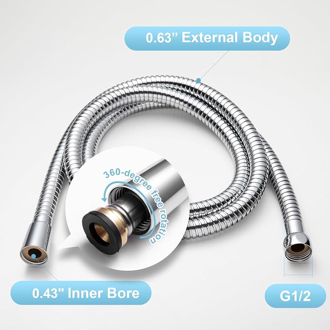 OFFO Shower Hose High Flow 0.43” Large Bore, Kink Free Stainless Steel Shower - Image 6