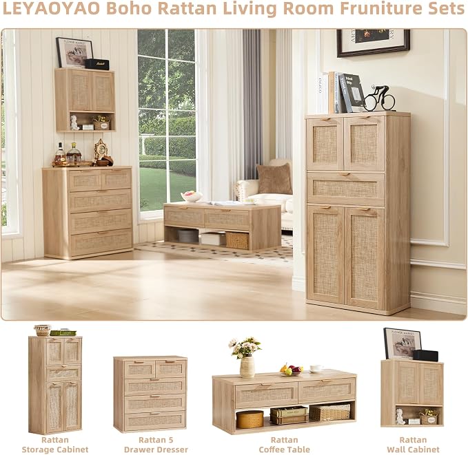 LEYAOYAO 48" Tall Storage Cabinet, Rattan Bathroom Floor Cabinets - Image 3
