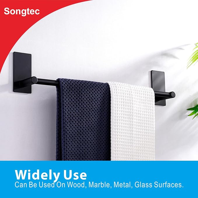 Songtec Adhesive Towel Bar Black 16-Inch, Stick On Bath Towel Rack No Drill - Image 8